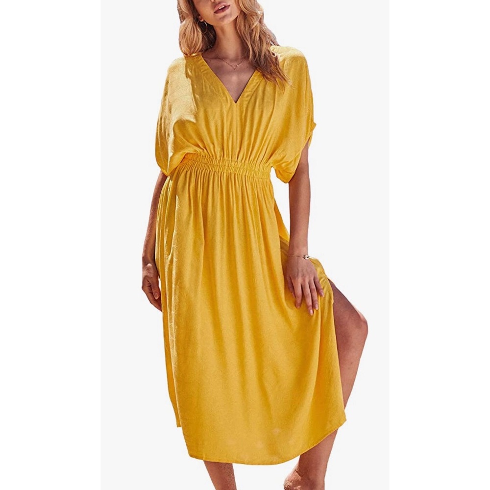 CUPSHE • V Neck Ruched Elastic Waist Ankle Length Dress